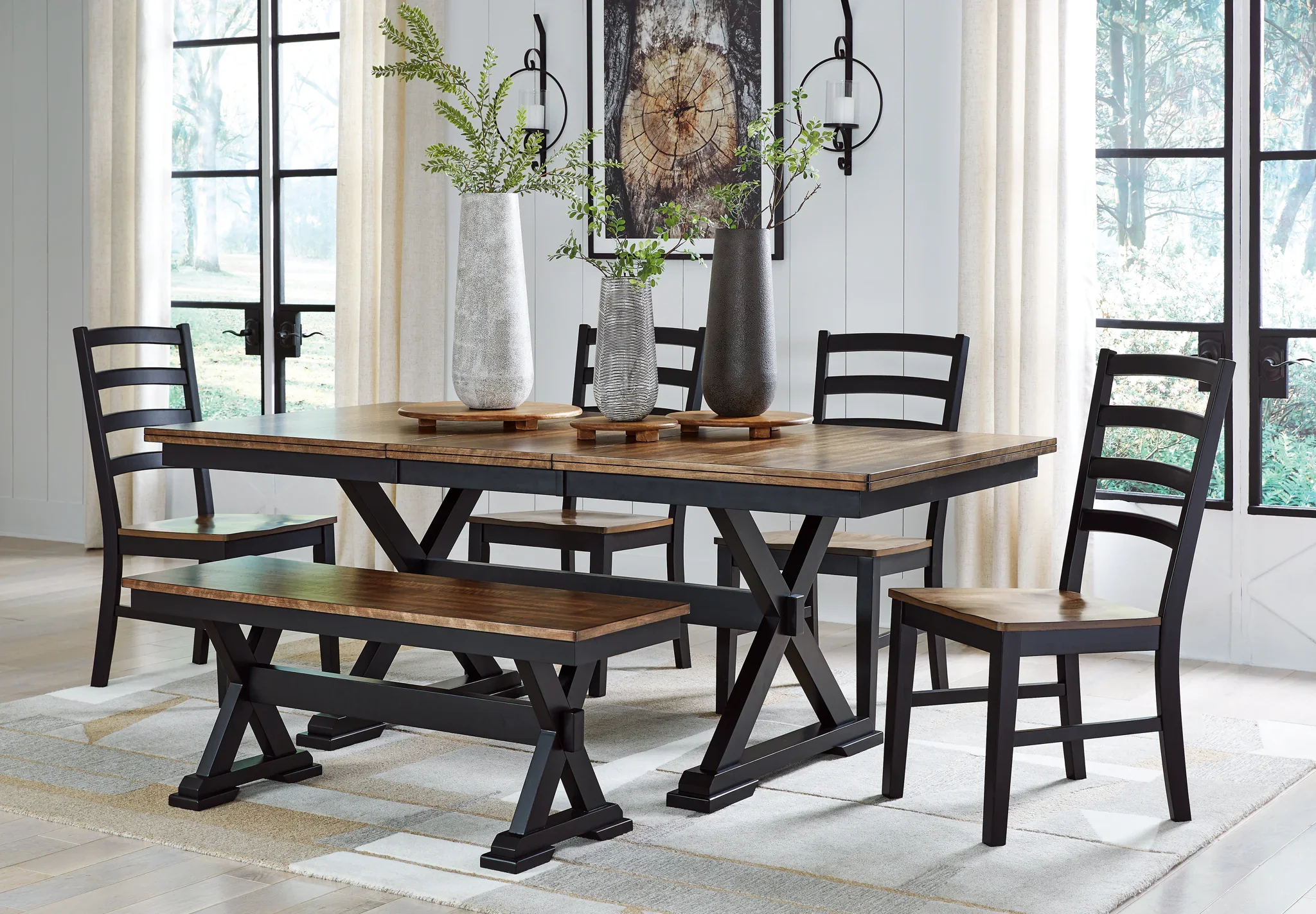 Wildenauer - Brown / Black - 6 Pc. - Extension Table, 4 Side Chairs, Bench