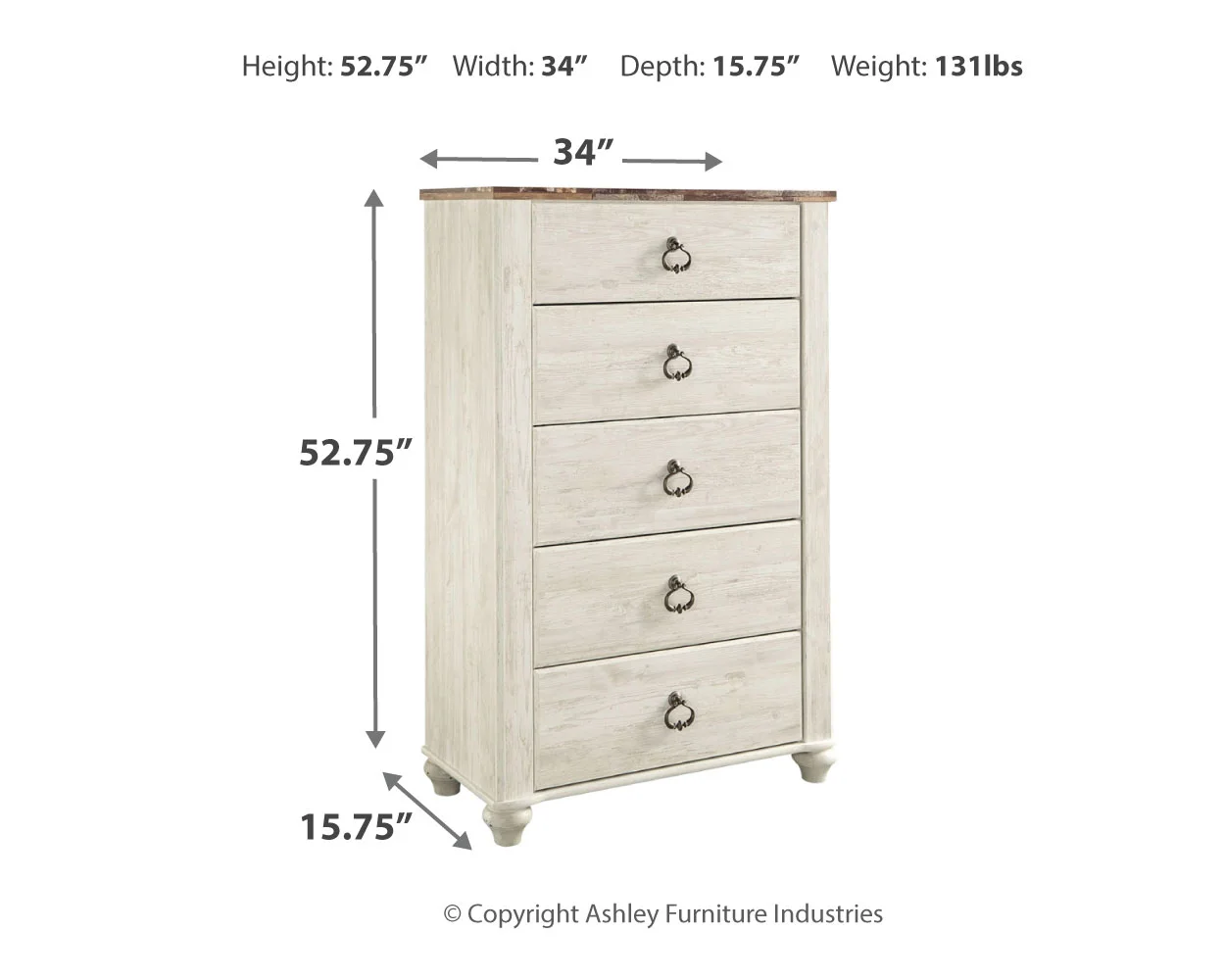 Willowton - Brown / Beige / White - Five Drawer Chest - Image 4
