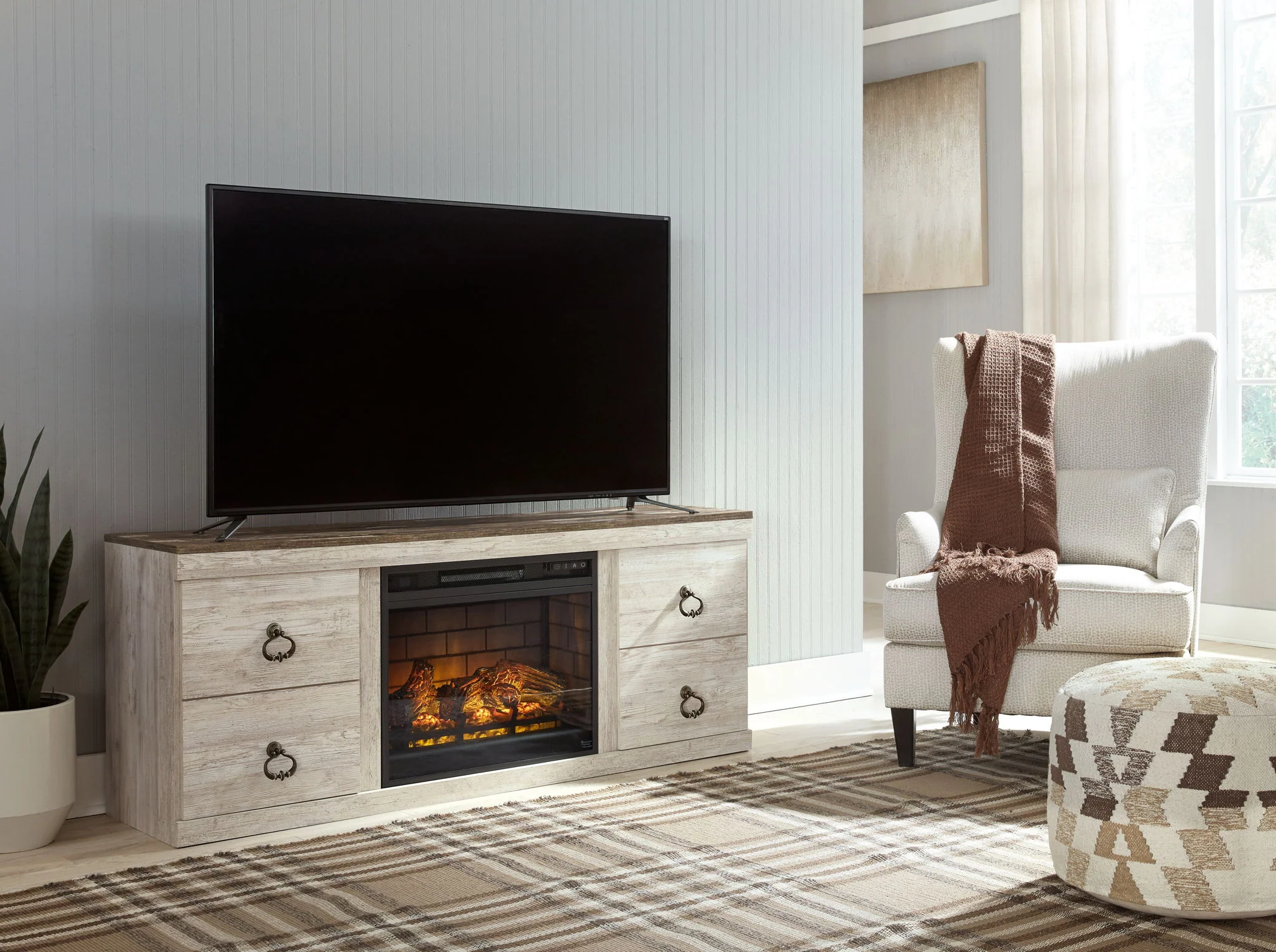 Willowton - Whitewash - 2 Pc. - TV Stand With Faux Firebrick Fireplace Insert - Image 2