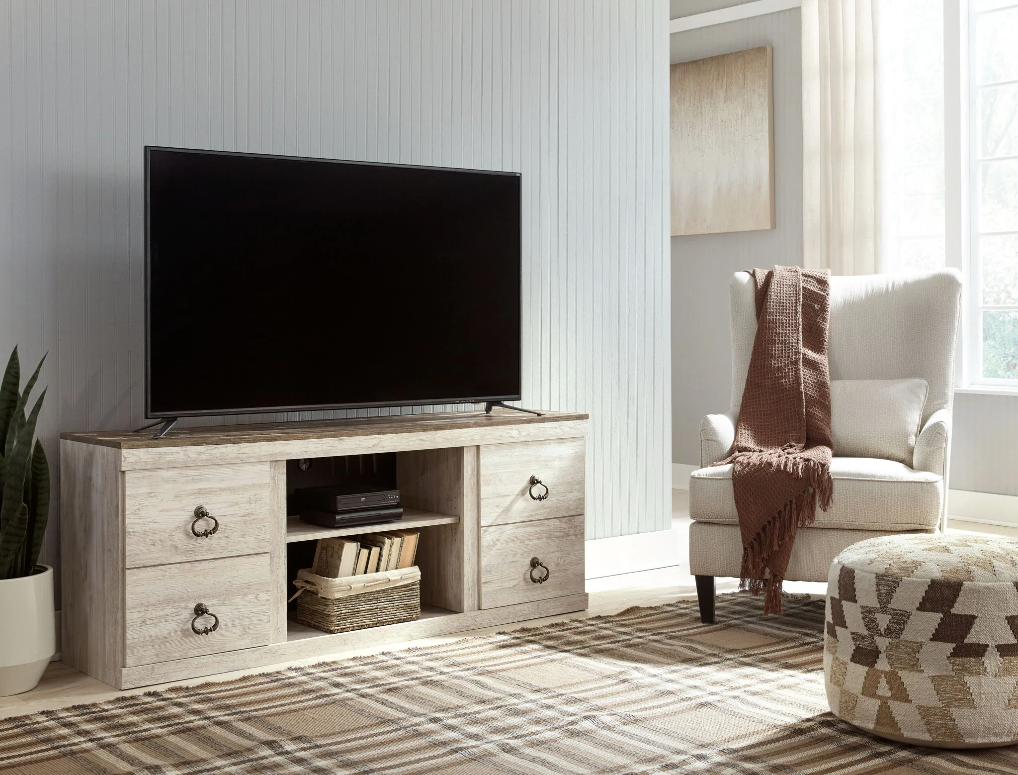 Willowton - Whitewash - 2 Pc. - TV Stand With Faux Firebrick Fireplace Insert - Image 3
