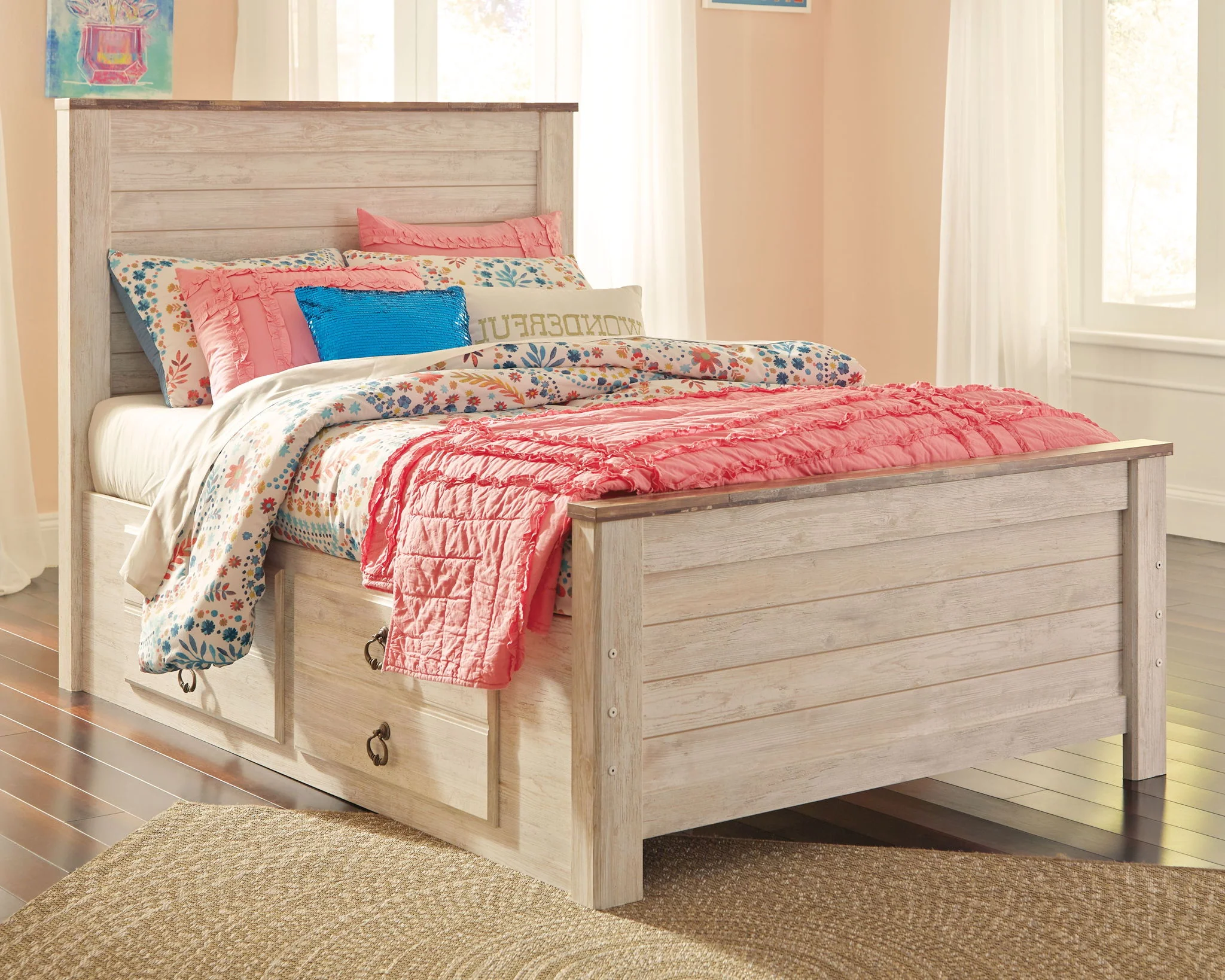 Willowton - Whitewash - Full Panel Bed With 2 Storage Drawers - Image 2