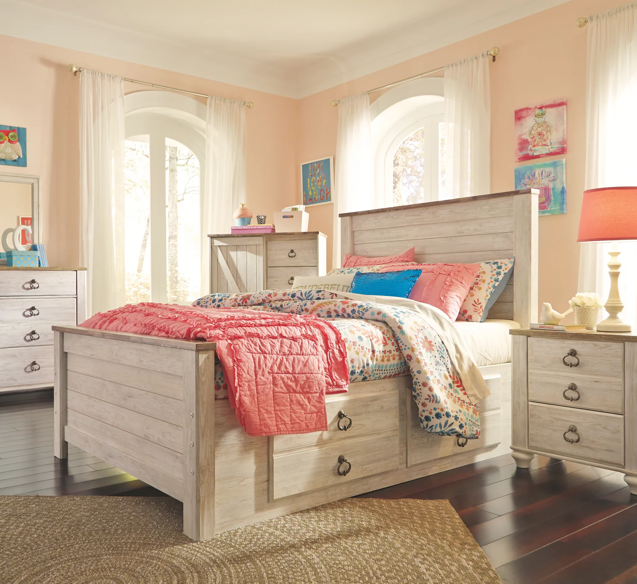Willowton - Whitewash - Full Panel Bed With 2 Storage Drawers - Image 3