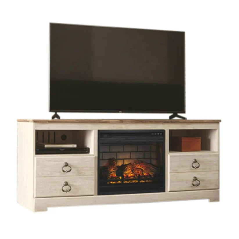 Willowton - Whitewash - 2 Pc. - 64" TV Stand With Faux Firebrick Fireplace Insert