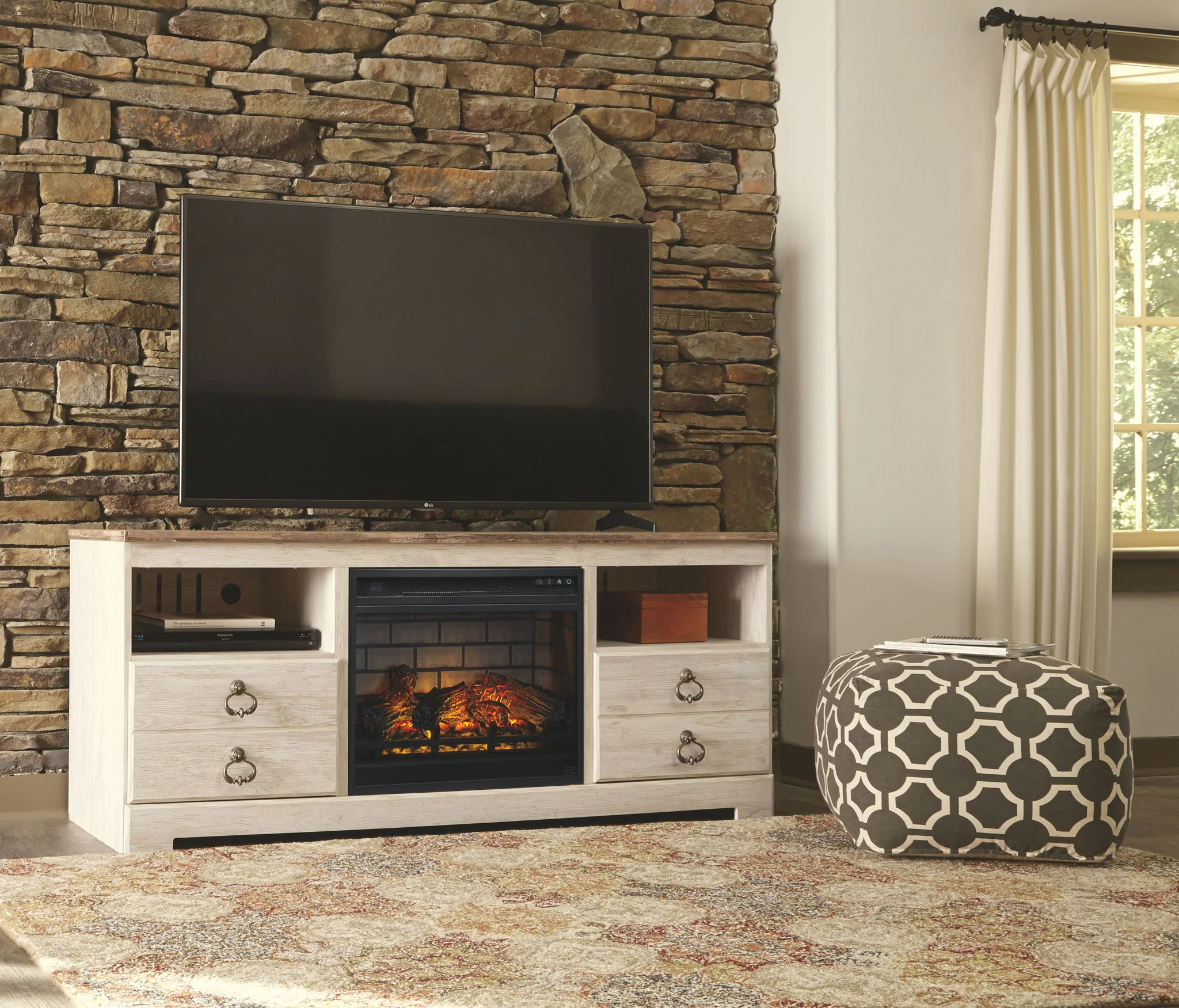 Willowton - Whitewash - 2 Pc. - 64" TV Stand With Faux Firebrick Fireplace Insert - Image 2