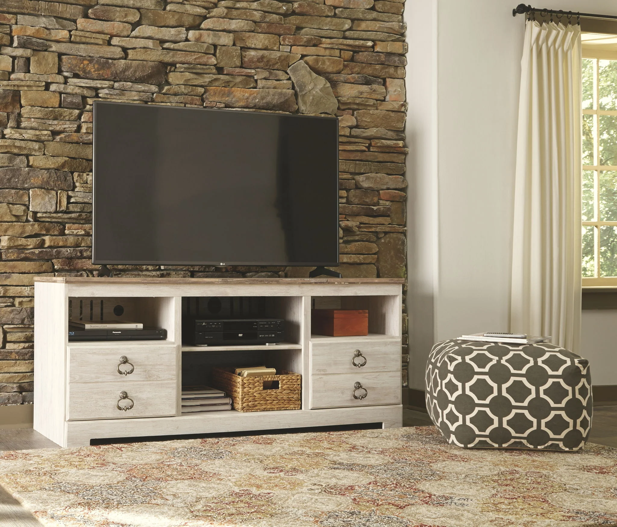 Willowton - Whitewash - 2 Pc. - 64" TV Stand With Faux Firebrick Fireplace Insert - Image 4