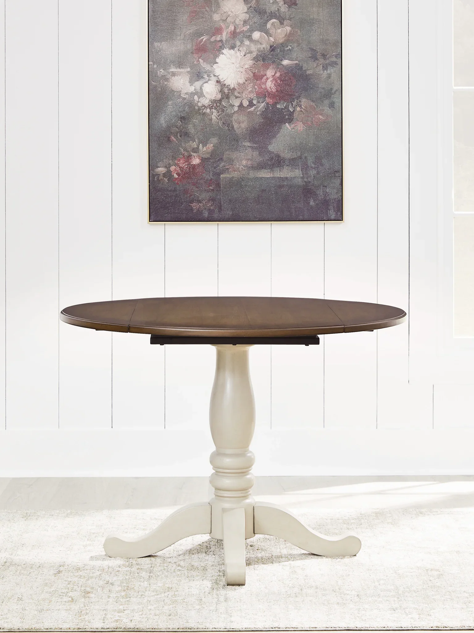 Wirloni - Round Dining Room Drop Leaf Table - Antique White / Brown - Image 2