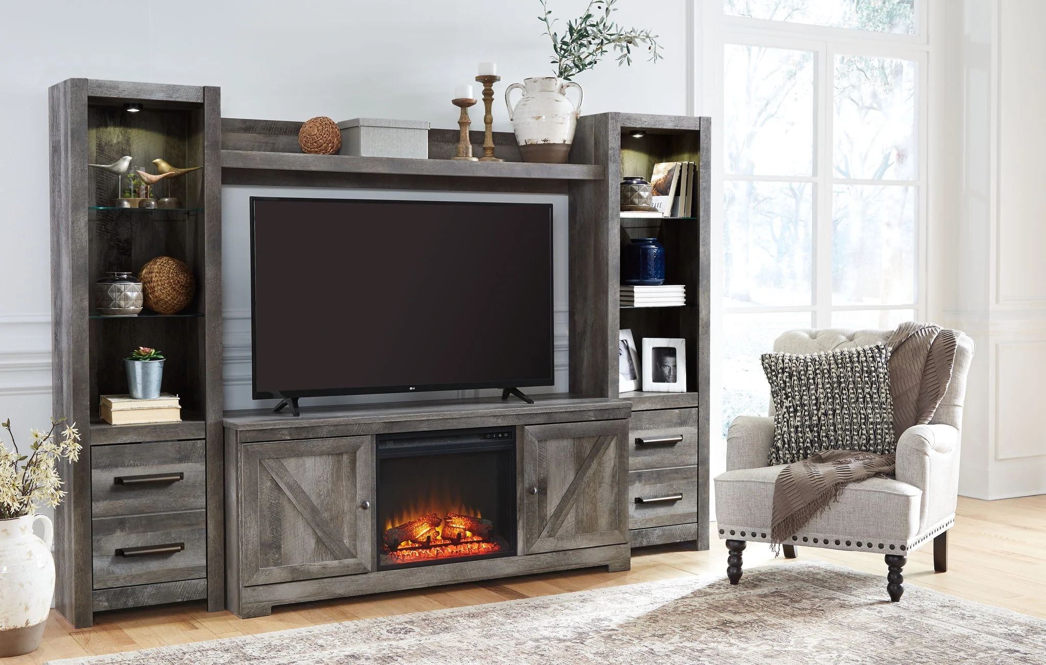Wynnlow - Gray - Entertainment Center - TV Stand With Glass/Stone Fireplace Insert - Image 2