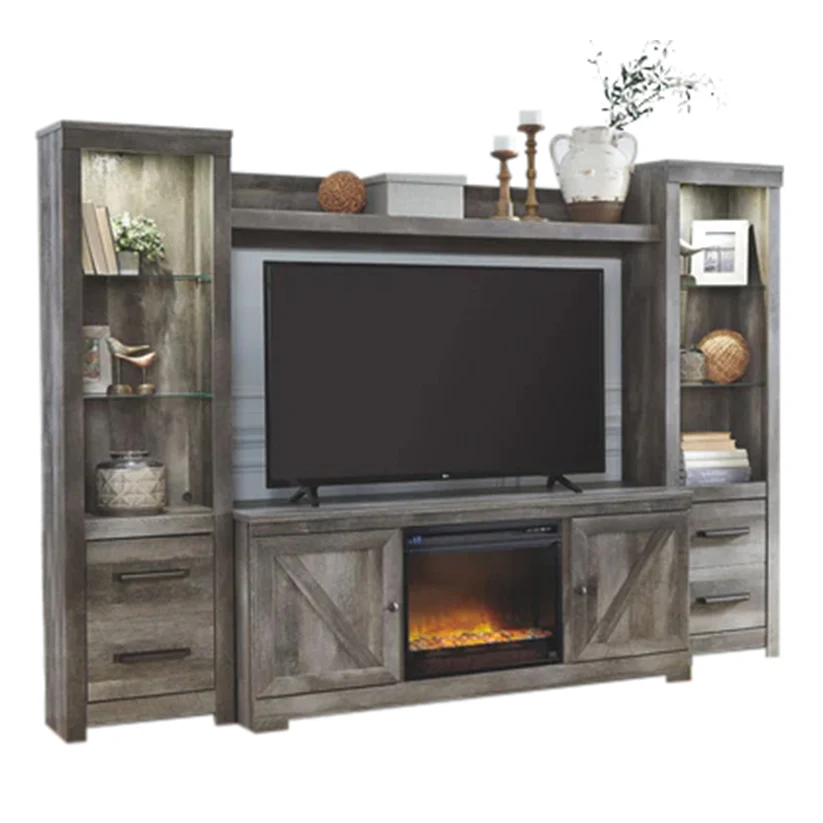 Wynnlow - Gray - 5 Pc. - Entertainment Center - 63" TV Stand With Fireplace Insert Glass/Stone
