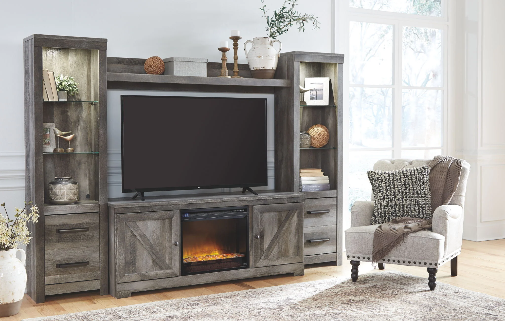 Wynnlow - Gray - 5 Pc. - Entertainment Center - 63" TV Stand With Fireplace Insert Glass/Stone - Image 3