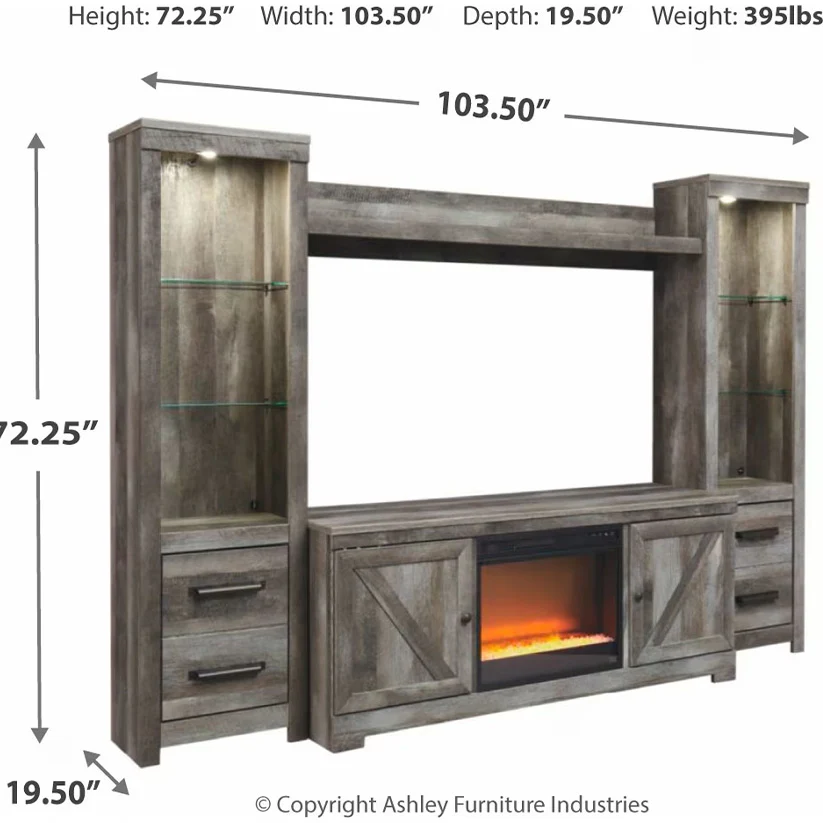 Wynnlow - Gray - 5 Pc. - Entertainment Center - 63" TV Stand With Fireplace Insert Glass/Stone - Image 4