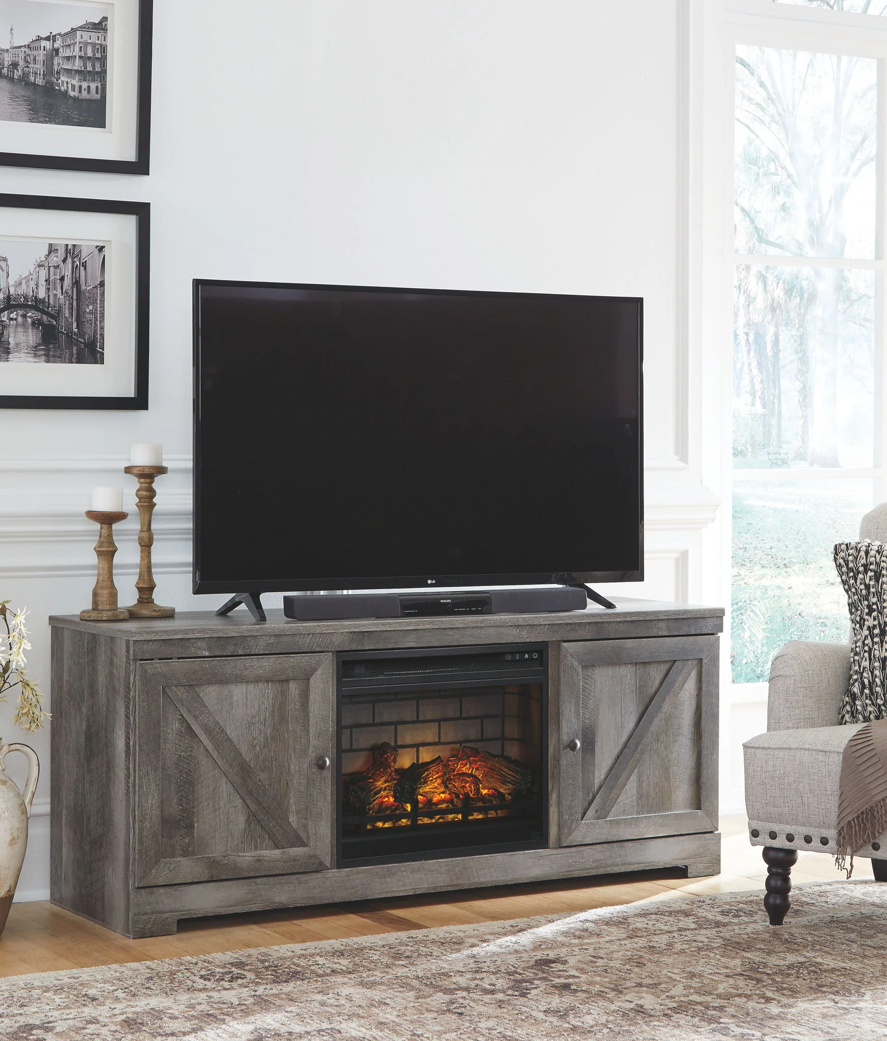 Wynnlow - Gray - 2 Pc. - 63" TV Stand With Faux Firebrick Fireplace Insert - Image 2