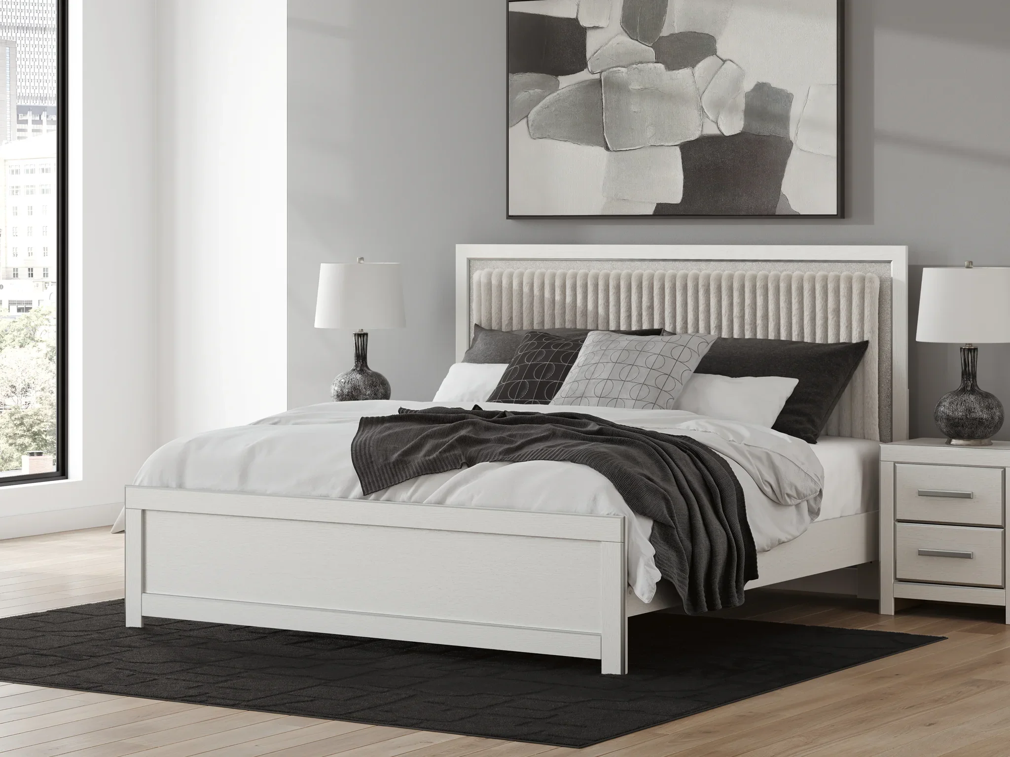 Zuraleus - King Upholstered Panel Platform Bed With Roll Slats - White - Image 4